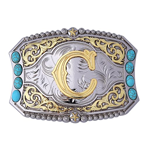 Btilasif Türkis Gürtelschnalle Western Cowboy Rodeo Initiale Buchstaben ABCDEFG bis Z Gürtelschnalle für Herren, C, Medium von Btilasif