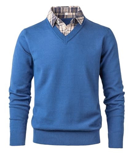 Btmpmcs Hemd Pullover Herren 2 in 1 Langarm Strick-Pullover mit V-Ausschnitt Slim Fit Schlicht Casual Strickjacke Sweatshirt Winterpullover Pulli mit Hemdkragen Mock von Btmpmcs