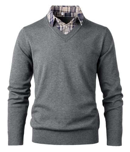 Btmpmcs Hemd Pullover Herren 2 in 1 Langarm Strick-Pullover mit V-Ausschnitt Slim Fit Schlicht Casual Strickjacke Sweatshirt Winterpullover Pulli mit Hemdkragen Mock von Btmpmcs