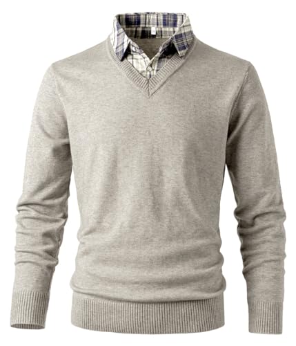 Btmpmcs Hemd Pullover Herren 2 in 1 Langarm Strick-Pullover mit V-Ausschnitt Slim Fit Schlicht Casual Strickjacke Sweatshirt Winterpullover Pulli mit Hemdkragen Mock von Btmpmcs