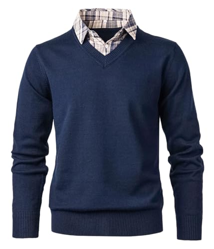 Btmpmcs Hemd Pullover Herren 2 in 1 Langarm Strick-Pullover mit V-Ausschnitt Slim Fit Schlicht Casual Strickjacke Sweatshirt Winterpullover Pulli mit Hemdkragen Mock von Btmpmcs