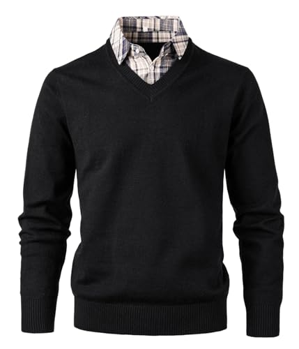 Btmpmcs Hemd Pullover Herren 2 in 1 Langarm Strick-Pullover mit V-Ausschnitt Slim Fit Schlicht Casual Strickjacke Sweatshirt Winterpullover Pulli mit Hemdkragen Mock von Btmpmcs