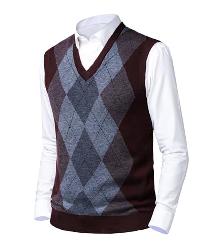 Btmpmcs Herren West Strickweste Pullunder Dick Ärmellose V-Ausschnitt Argyle Pullover Slim Fit Classic Business Gentleman Strickwaren Strick Weste Herbst Winter Wollweste für Männer von Btmpmcs