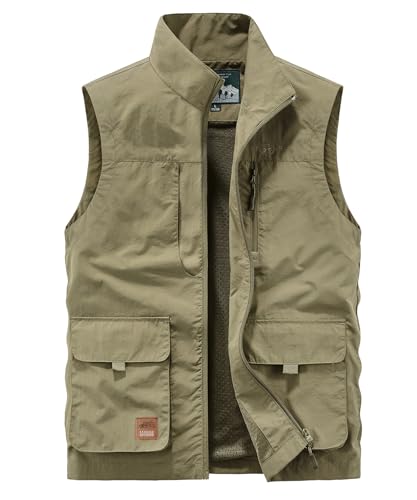 Btmpmcs Herren Outdoor Anglerweste mit Vielen Taschen Schnelltrocknende Freizeitweste Leicht Atmungsaktiv Ärmellose Jacke Camping Fotografie Jagd Multifunktionsweste, A-Khaki, L von Btmpmcs