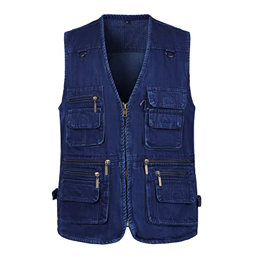 Btmpmcs Herren Outdoor Denim Weste Freizeit Multi-Taschened Jeans-Weste Jagd Camping Anglerweste Baumwolle ärmellose Jacke Bikerweste Motorradweste von Btmpmcs