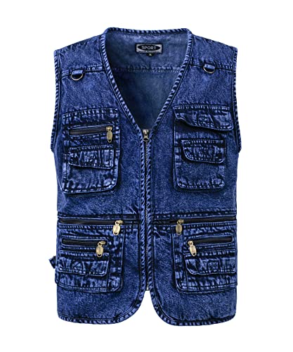 Btmpmcs Herren Outdoor Freizeit Denim Weste Multi-Taschened Jeans-Weste Bikerweste Motorradweste Jagd und Angler Fotografie Wandern Jacke Ärmellos von Btmpmcs