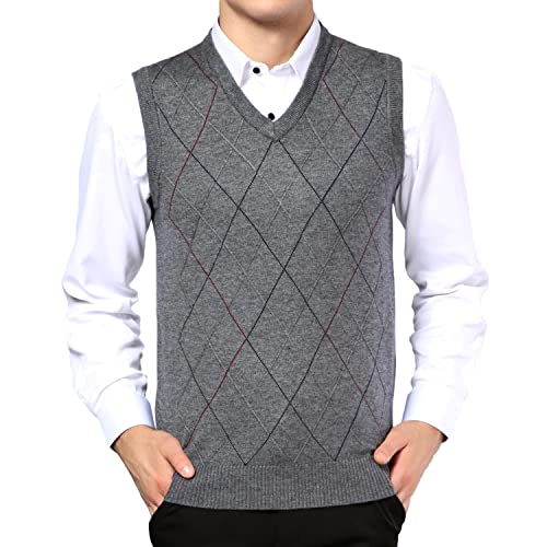 Btmpmcs Herren Strickpullover mit V-Ausschnitt, Wollmischung, Pullover für Herbst, Winter, warme Weste, gestrickt, Slipper, lässig, Business-Strickwaren, Weilen, Diamantmuster, Tank Top, grau, Large von Btmpmcs