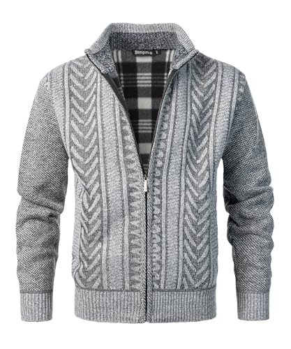 Btmpmcs Strickjacke Herren Fleecejacke Langarm Cardigan Zopfmuster Grobstrick Strickjacke mit Reissverschluss Stehkragen Sweatjacke Strickjacke Fleece-gefüttert Winterjacke von Btmpmcs