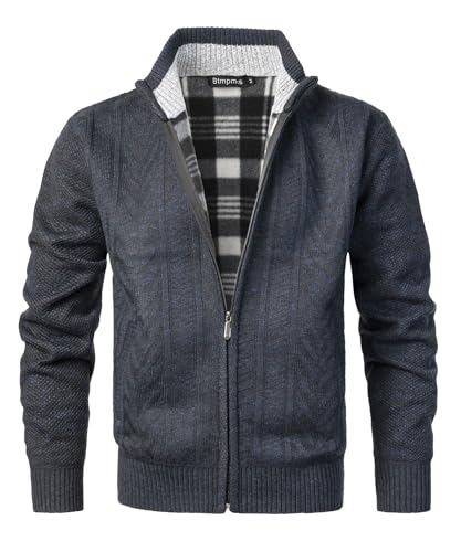 Btmpmcs Strickjacke Herren Fleecejacke Langarm Cardigan Zopfmuster Grobstrick Strickjacke mit Reissverschluss Stehkragen Sweatjacke Strickjacke Fleece-gefüttert Winterjacke von Btmpmcs