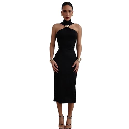 Btofeliin Kleid Frauen Sommerkleider Ärmellos Einfarbig Rückenfrei Hängender Hals Kleid Einzigartig Lange Kleider Club Cocktail Arbeit Metall Anhänger Kleider Abendkleider von Btofellin