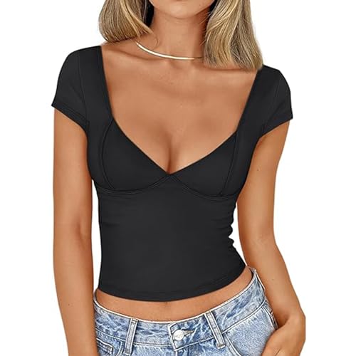 Btofellin Damen T-Shirts Kurzarm T-Shirt Y2K Crop Top V-Ausschnitt Pullover Club Party Streetwear, Schwarz , Medium Btofellin Damen T-Shirts Kurzarm T-Shirt Y2K Crop Top V-Ausschnitt Pullover Club Party Streetwear, Schwarz , Medium von Btofellin