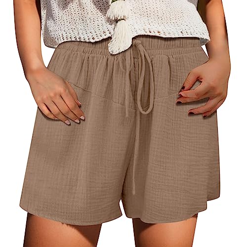 Btruely Damen Shorts Sommer Mode Lässige Musselin Hose mit hoher Taille Gerades Bein Sport Lässige Lockere Shorts mit Kordelzug Kurze Hose mit Taschen Gummiband Freizeit Kurze Elastische Stoffhose von Btruely