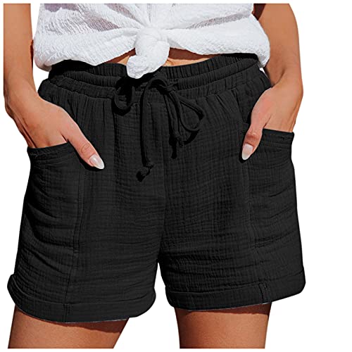 Btruely Damen Shorts Sommer Mode Lässige Musselin Hose mit hoher Taille Gerades Bein Sport Lässige Lockere Shorts mit Kordelzug Kurze Hose mit Taschen Gummiband Freizeit Kurze Elastische Stoffhose von Btruely