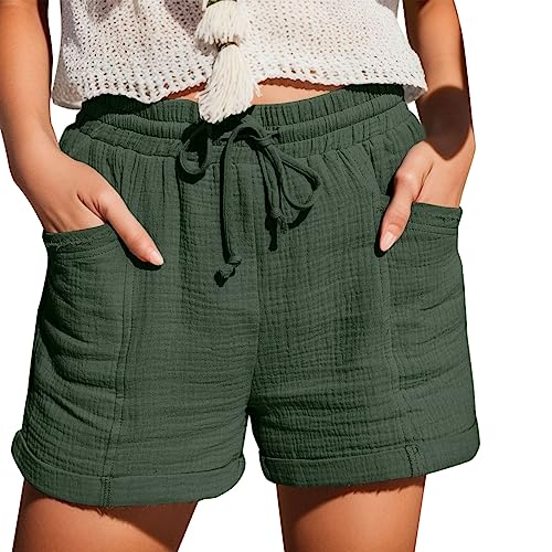 Btruely Damen Shorts Sommer Mode Lässige Musselin Hose mit hoher Taille Gerades Bein Sport Lässige Lockere Shorts mit Kordelzug Kurze Hose mit Taschen Gummiband Freizeit Kurze Elastische Stoffhose von Btruely