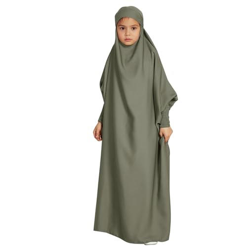 Btruely Gebetskleidung Abaya Kinder Mädchen Langarm Islamische Muslimische Kleid Arabisch Türkische Robe Lang Gebetskleid (Grün, 7-8 Years) von Btruely