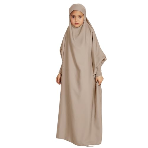 Btruely Gebetskleidung Abaya Kinder Mädchen Langarm Islamische Muslimische Kleid Arabisch Türkische Robe Lang Gebetskleid (Khaki, 9-10 Years) von Btruely