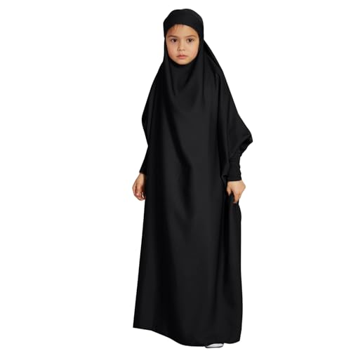 Btruely Gebetskleidung Abaya Kinder Mädchen Langarm Islamische Muslimische Kleid Arabisch Türkische Robe Lang Gebetskleid (Schwarz, 13-14 Years) von Btruely