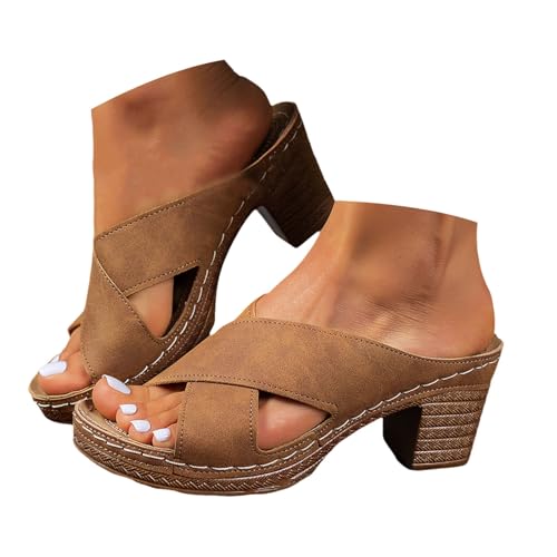 Btruely Pantoletten Damen Mit Absatz Schlupfsandalen mit Blockabsatz Elegant Plateau Schlappen aus Leder High Heel Hausschuhe Hausschlappen Sommer Slippers Damenpantolette mit Arch Support von Btruely