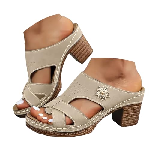 Btruely Pantoletten Damen Mit Absatz Schlupfsandalen mit Blockabsatz Elegant Plateau Schlappen aus Leder High Heel Hausschuhe Hausschlappen Sommer Slippers Damenpantolette mit Arch Support von Btruely