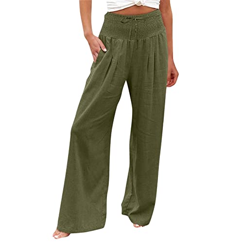 Damen Leinenhose Leichte Sommerhose Weite Freizeithose Elastischer Bund mit Kordelzug Cargohose Damen Baggy Multi Taschen High Waist Stretch Wanderhose Sport Jogginghose (AG, XL) von Btruely