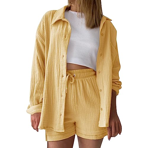 Damen Outfit 2 Teiler Damen Sommer Zweiteiler Freizeit Basic 2 Teilig Anzug Sommer Elegant Zweiteiler Outfit Set für Frauen Y2K Streetwear Oversize Tracksuit Set Blusen Shirt High Waist Shorts von Btruely