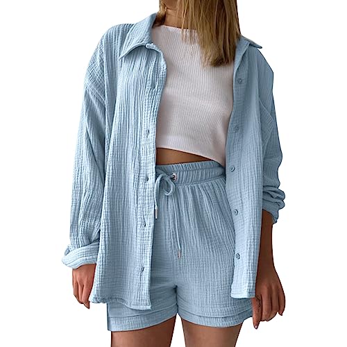 Damen Outfit 2 Teiler Damen Sommer Zweiteiler Freizeit Basic 2 Teilig Anzug Sommer Elegant Zweiteiler Outfit Set für Frauen Y2K Streetwear Oversize Tracksuit Set Blusen Shirt High Waist Shorts von Btruely