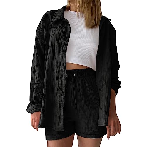 Damen Outfit 2 Teiler Damen Sommer Zweiteiler Freizeit Basic 2 Teilig Anzug Sommer Elegant Zweiteiler Outfit Set für Frauen Y2K Streetwear Oversize Tracksuit Set Blusen Shirt High Waist Shorts von Btruely