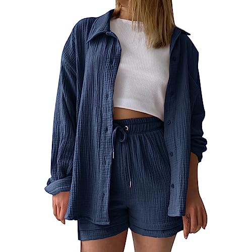 Damen Outfit 2 Teiler Damen Sommer Zweiteiler Freizeit Basic 2 Teilig Anzug Sommer Elegant Zweiteiler Outfit Set für Frauen Y2K Streetwear Oversize Tracksuit Set Blusen Shirt High Waist Shorts von Btruely