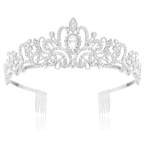 Haarspange Silberfarben Kristallkronen und Stirnband mit Kamm für Mädchen oder Frauen, Geburtstagsfeier, Hochzeit, Abschlussball, Braut Haarspange Blau Glitzer (Silver, One Size) von Btruely