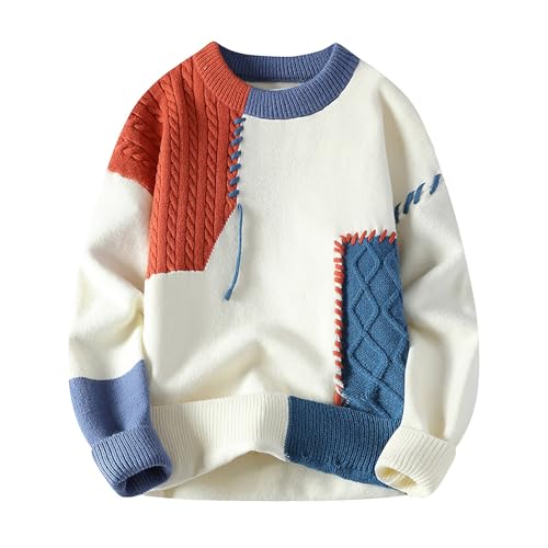 Strickpullover Herren Oversize Longsleeve Feinstrick Colour Block Pulli Ohne Kapuze Männer Sweater Elastisch Arbeitspullover Winter Warm Sweatshirt Basic Pullover von Btruely