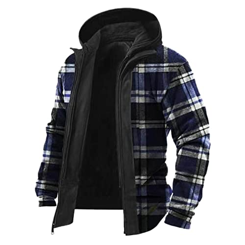 Winter Gefüttert Winterjacke Kapuzenjacke Herren Kariert Holzfäller Jacke Herren Flanell Holzfäller Jacke Herren Holzfäller Jacke Herren Kapuze Flanellhemd Herren Reißverschluss (Blau, XXL) von Btruely