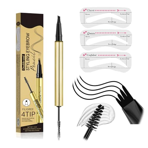 2In1 Augenbrauenstift mit Gel und 4 Gabelspitzen (mit 3 Augenbrauenkarte) 2025 Neu Microblading-Brow-Pen mit Versiegelndes Brow Gel, Wasserfester Langanhaltenden Magischer Eyebrow Pencil (Black) von Btsozer