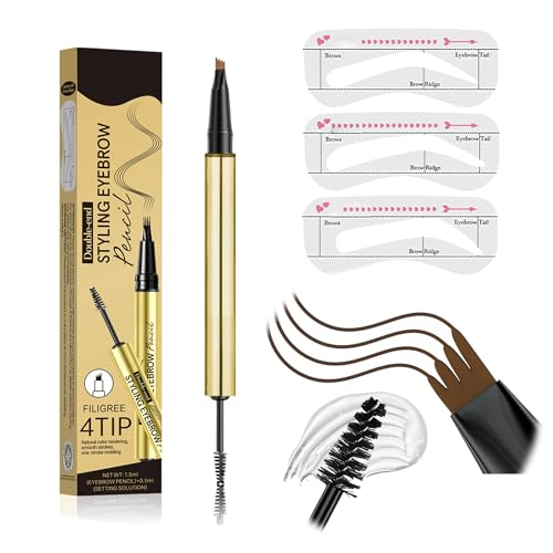 Microblading Augenbrauenstift, 2 In1 Augenbrauenstifts mit Gel und 4 Gabelspitzen (mit 3 Augenbrauenkarte), Augenbrauenstift Wasserfest, langanhaltend, Wischfest, Schnell Trocknend (Dunkelbraun) von Btsozer