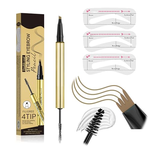 Microblading Augenbrauenstift, 2 In1 Augenbrauenstifts mit Gel und 4 Gabelspitzen (mit 3 Augenbrauenkarte), Augenbrauenstift Wasserfest, langanhaltend, Wischfest, Schnell Trocknend (Hellbraun) von Btsozer