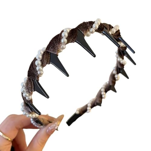 Vintage High Cranium Artificial Pearl Hairband, Rutschfestes Perlen Haarreifen Damen StirnbäNder, Elegant Stirnband Retro Perlen HaarbäNder Mit ZäHnen, Mode-Haarreif FüR Frauen MäDchen (Kaffee, M) von Btsozer