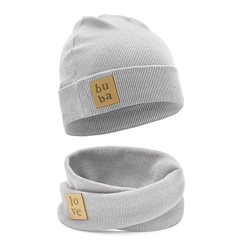 Bubalove Kindermütze Herbst/Winter + Schornstein Set für Mädchen, Jungen, Baby Mütze, Handmade Kopfbedeckung, DIY Schal und Mützenset für Kinder, hellgrau 0-2 Jahre von Bubalove