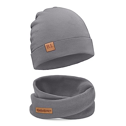 Bubalove Kindermütze Herbst - Winter + Schornstein Set für Jungen, Mädchen - Baby Mütze, Handmade Kopfbedeckung, Anthrazit 2-4 Jahre, DIY Schal und Mützenset für Kinder von Bubalove