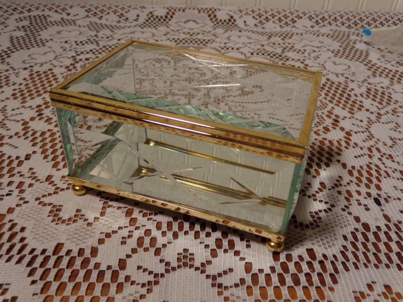 Vintage Glas Und Messing Schmuckbox - Glas, Spiegel Schmuckschatulle 13-1660 von BubbiesMemories
