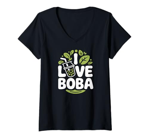 Damen Ich Liebe Boba Bubble Tea, Design mit Blattrinkmotiv T-Shirt mit V-Ausschnitt Damen Ich Liebe Boba Bubble Tea, Design mit Blattrinkmotiv T-Shirt mit V-Ausschnitt von Bubble Tea Enthusiast Delight For Boba Lovers