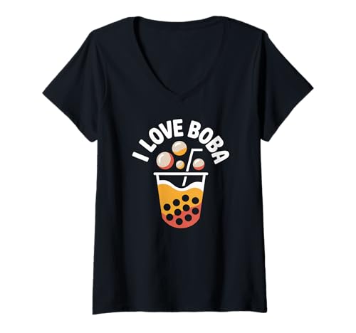 Damen I Love Boba Bubble Tea Getränkespaß T-Shirt mit V-Ausschnitt Damen I Love Boba Bubble Tea Getränkespaß T-Shirt mit V-Ausschnitt von Bubble Tea Enthusiasts Unite Today