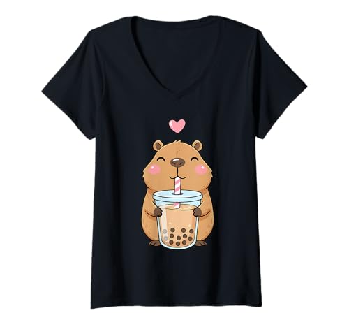 Damen Capybara Boba Tea Bubble Tea T-Shirt mit V-Ausschnitt von Bubble Tea