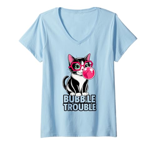 Damen Bubble Trouble Cool Pop Art Katze weht Kaugummi Spaß T-Shirt mit V-Ausschnitt Damen Bubble Trouble Cool Pop Art Katze weht Kaugummi Spaß T-Shirt mit V-Ausschnitt von Bubble Trouble Pop Art Cat Bubblegum