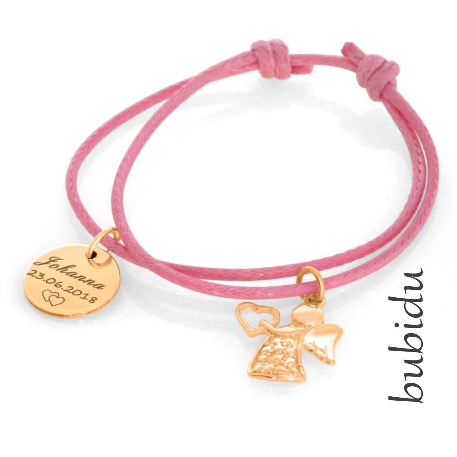 Armband Gravur Engel Baumwolle Verstellbar Schutzengel Anhänger Rosé Vergoldet Namensgravur Mit Namen Kinderschmuck Taufe Kommunion von BubiduDE