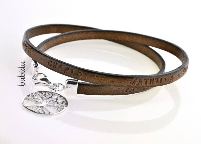 Armband Mit Gravur 925 Silber Text Lederarmband Damen Herren Unisex Schmuck Braun Wunschfarbe Lebensbaum Damenschmuck Baum Geburt von BubiduDE