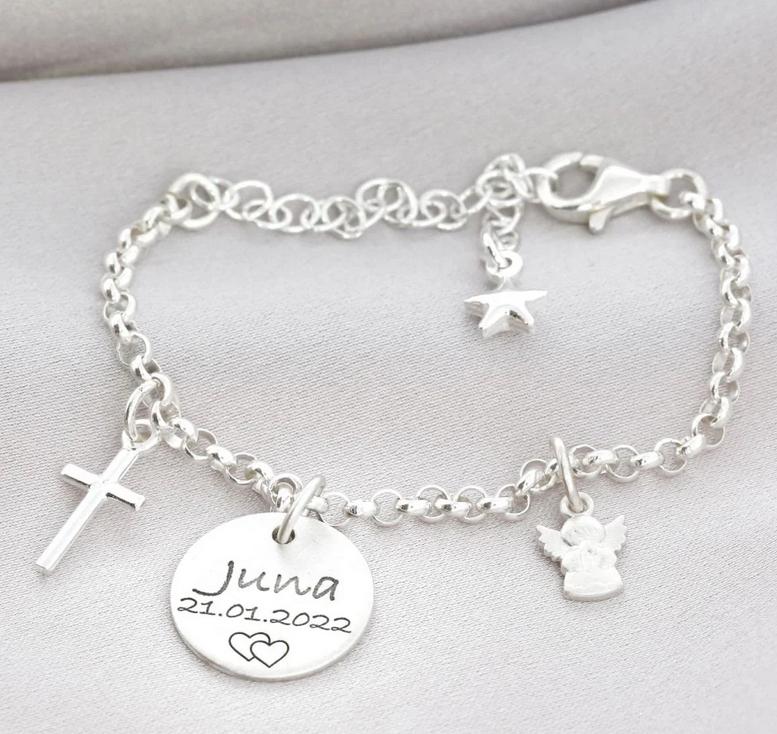 Armband Silber Mit Gravur Namen Motiv, Engel Anhänger Kreuz Silberarmband Kind Baby Geschenk Geburt Taufe Kommunion Schutzengel Einschulung von BubiduDE