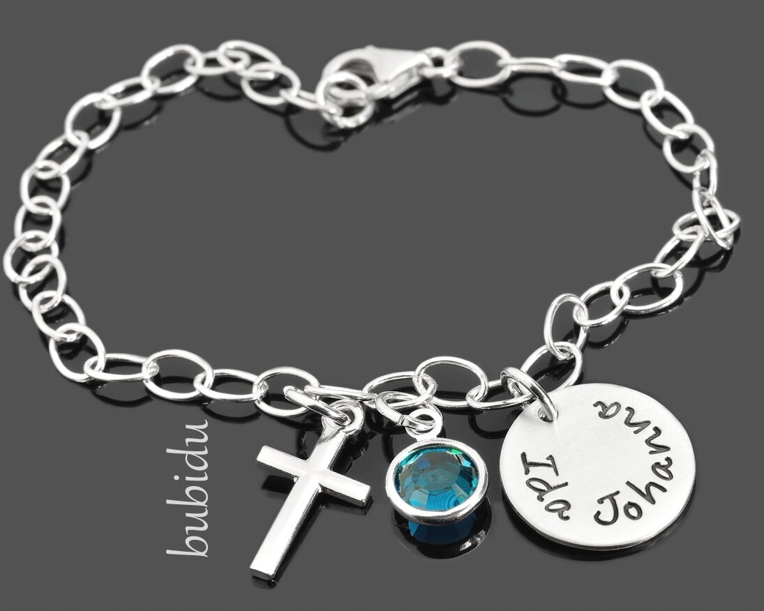 Armband Taufe, Taufarmband Kreuz, Kinderarmband Geburtsstein, Taufgeschenk Pate Personalisiert, Kommunion Armband, Namenanhänger Monatsstein von BubiduDE