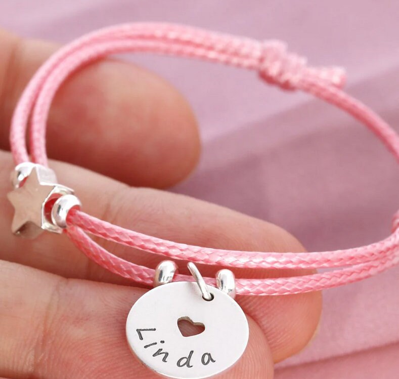 Baumwollband Armband Mädchen Junge Gravur Namensschmuck Taufe Stern Herz Anhänger 925 Silber Kinderarmband Geschenk Geburt Einschulung von BubiduDE