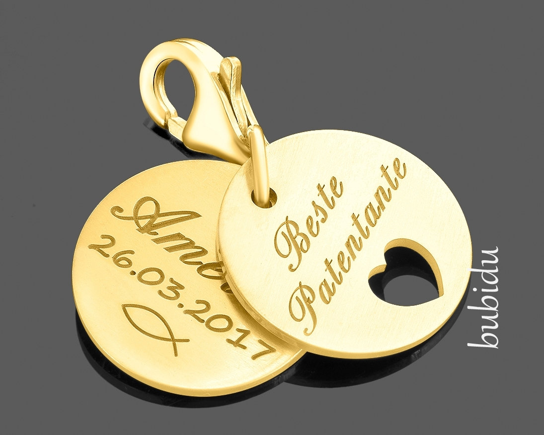 Charm Gravur Gold Geschenk Patentante Anhänger Namen Goldschmuck Damen Namensanhänger Herz Schlüsselanhänger Taufe Charms Paten Schmuck von BubiduDE