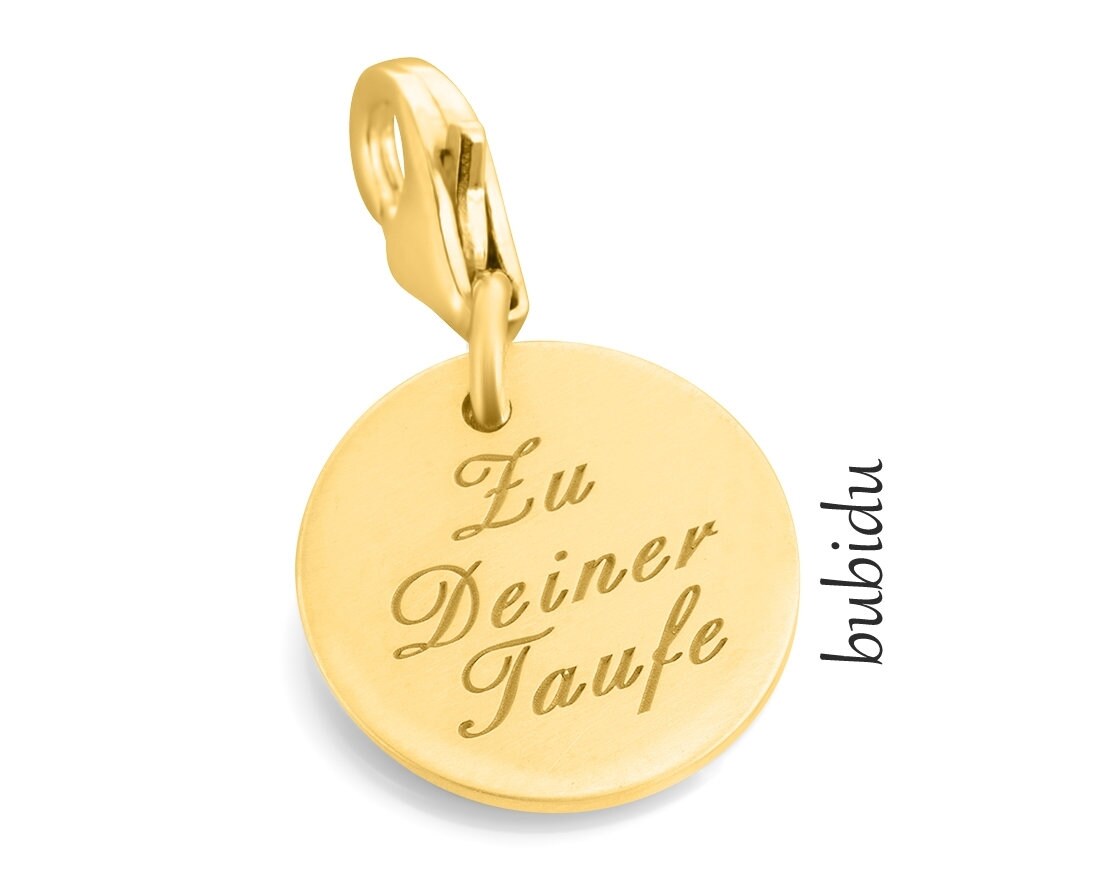 Charm Mit Gravur Taufanhänger Goldanhänger Text Goldcharm Schmuck Charms Taufe Geburt Wunschtext Karabiner Gravurplatte Namensanhänger von BubiduDE