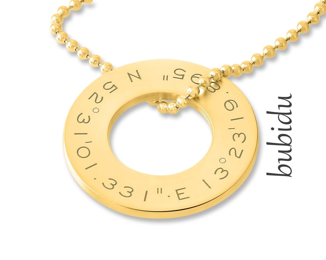 Collier Gold Gravur Koordinaten Kette Damenschmuck Halskette Damen Goldschmuck Namenskette Ring Text Geschenk Gravurschmuck Schrift Gps von BubiduDE